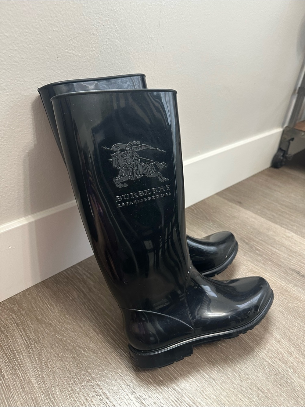 Burberry Black Tall Rain Boots w/ Equestrian Logo